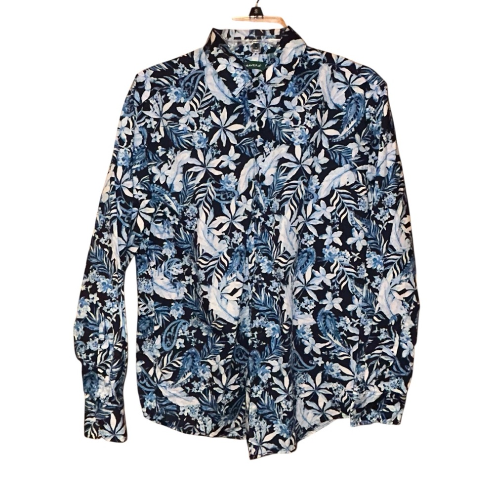 Cubavera Men’s‎ Blue Hawaiian Shirt Floral Button Down Medium Cotton Long Sleeve